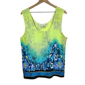 Vtg Y2K Nicola Women Tank Top 1X Floral‎ Colorful Blue Green Crinkle Scrunch Art